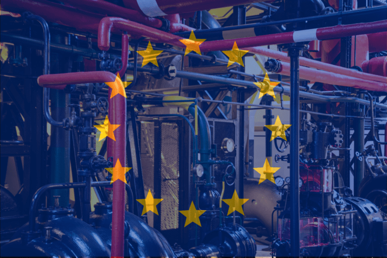 A flag of European Union juxtaposed onto an indoors industrial facility