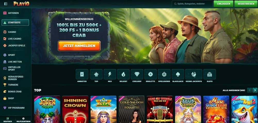Screenshot der PlayIO Casino-Startseite mit dem Angebot '100% bis zu 500€ + 200 Freispiele + 1 Bonus Crab' und beliebten Slot-Spielen. 